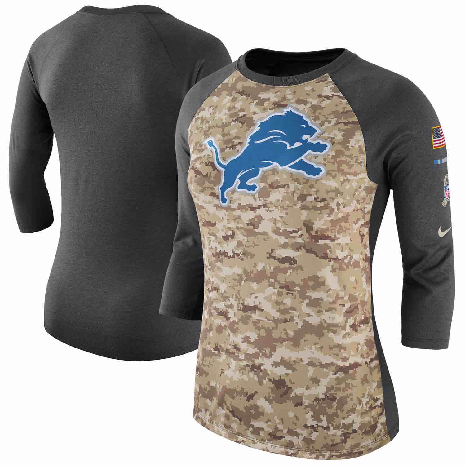 Womens Detroit Lions Nike Camo Charcoal Salute to Service Legend Three-Quarter Raglan Sleeve T-Shirt