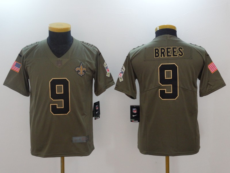 Kids New Orleans Saints #9 Brees Olive Salute to Service Limited Jersey