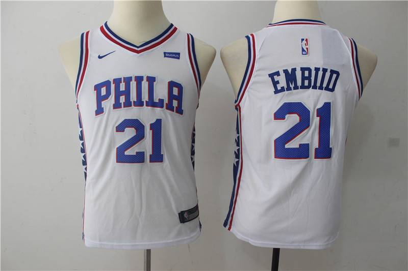 Kids NBA Philadelphia 76ers #21 Embiid White Jersey