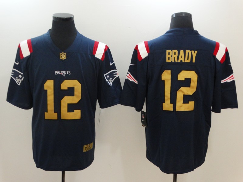NFL New England Patriots #12 Tom Brady Navy Blue Golden Jersey