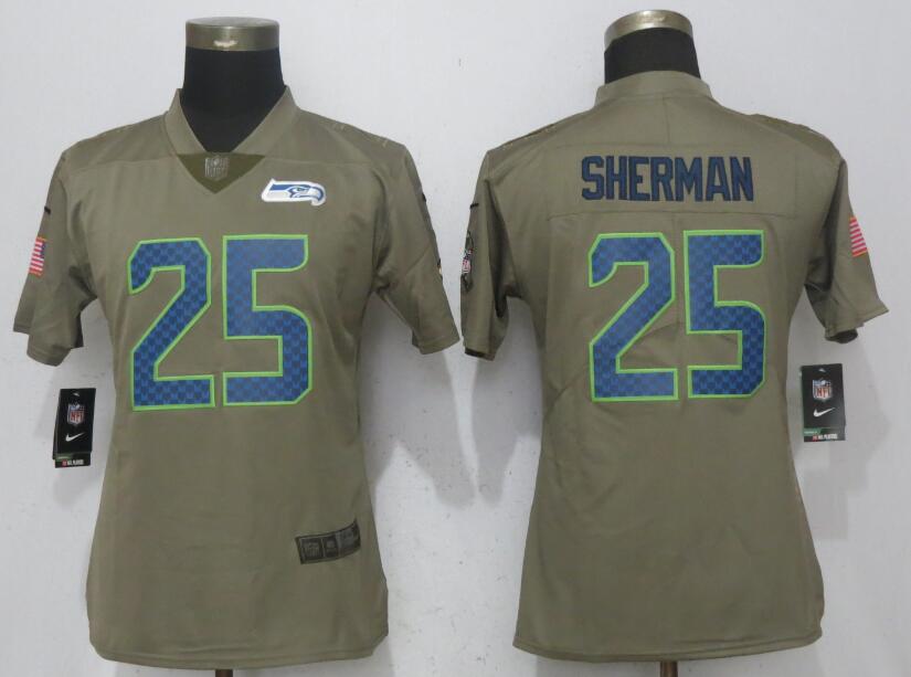 Women New Nike Seattle Seahawks 25 Sherman Olive Salute To Service Elite Jersey