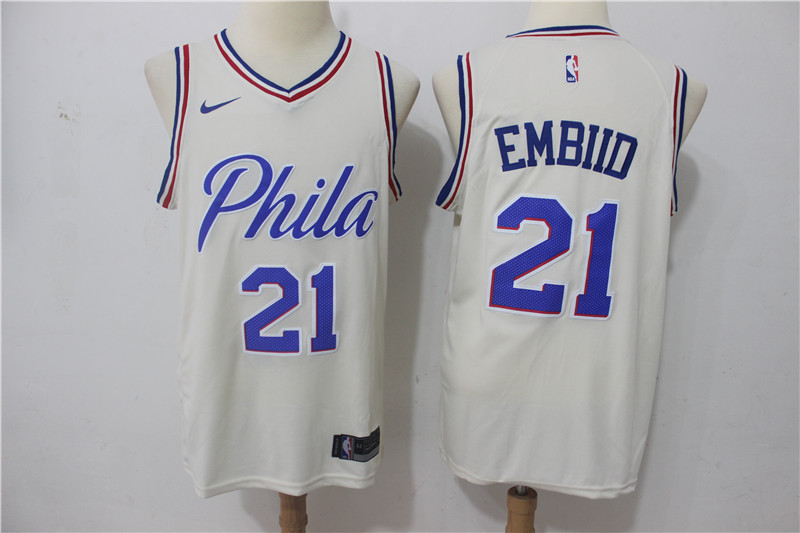 Nike NBA Philadelphia 76ers #21 Embiid Cream Jersey