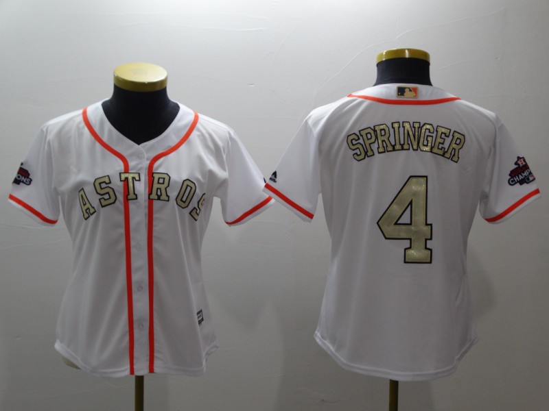 Womens MLB Houston Astros #4 Springer White Gold Number Jersey