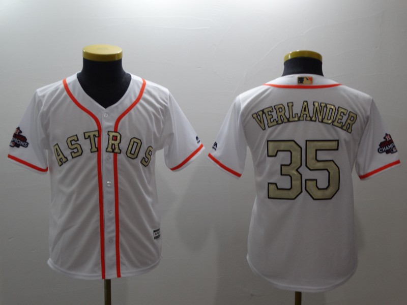 Kids MLB Houston Astros #35 Verlander White Gold Number Jersey