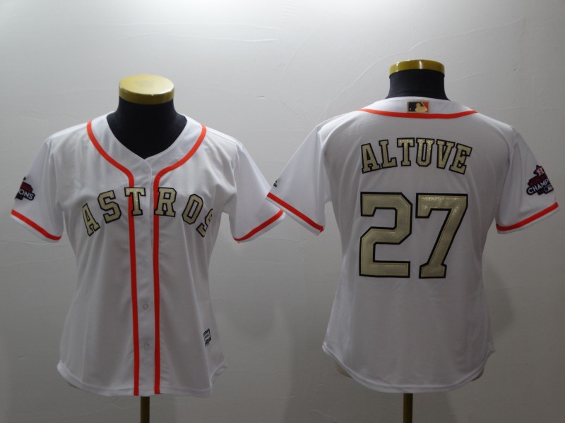 Womens MLB Houston Astros #27 Altuve White Gold Number Jersey