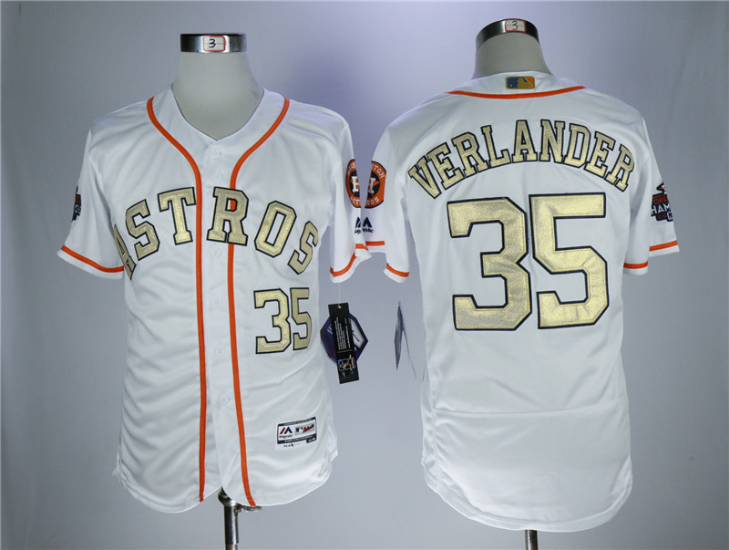 MLB Houston Astros #35 Verlander White Gold Number Elite Jersey 