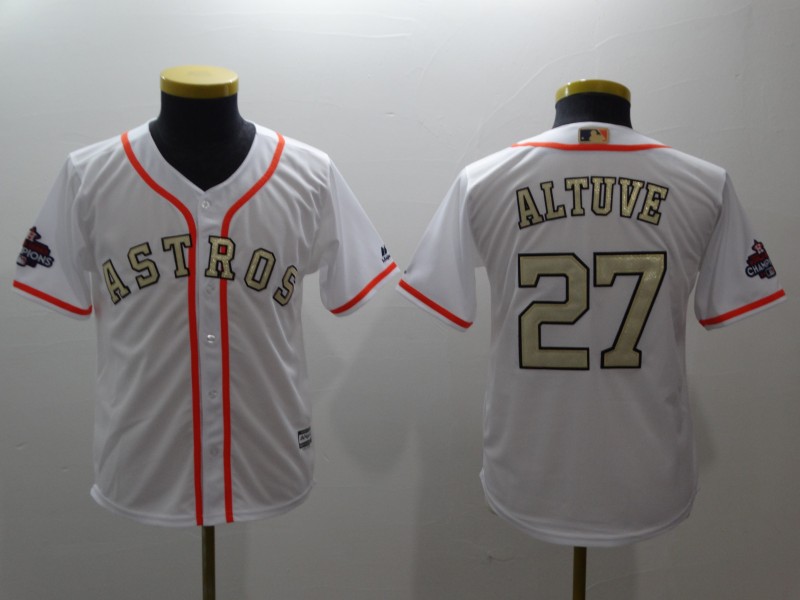 Kids MLB Houston Astros #27 Altuve White Gold Number Jersey
