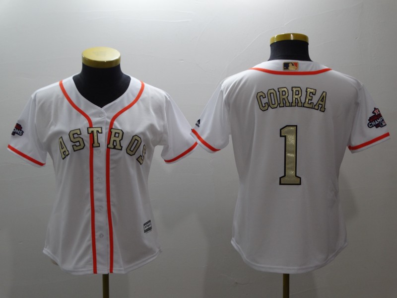 Womens MLB Houston Astros #1 Correa White Gold Number Jersey