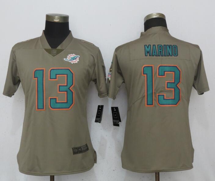 Women New Nike Miami Dolphins #13 Marino Olive Salute To Service Jersey
