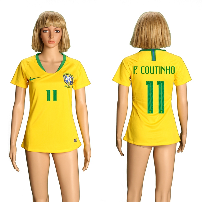 2018 World Cup Soccer Brazil #11 P.Coutinho Womens Home Jersey
