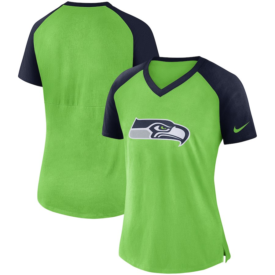 Seattle Seahawks Nike Womens Top V-Neck T-Shirt Neon Green Navy