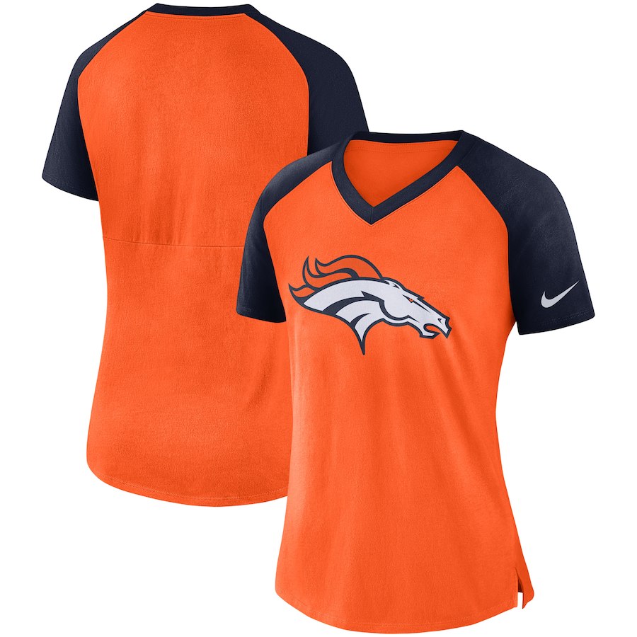 Denver Broncos Nike Womens Top V-Neck T-Shirt Orange Navy