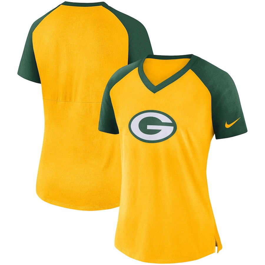 Green Bay Packers Nike Womens Top V-Neck T-Shirt Gold Green