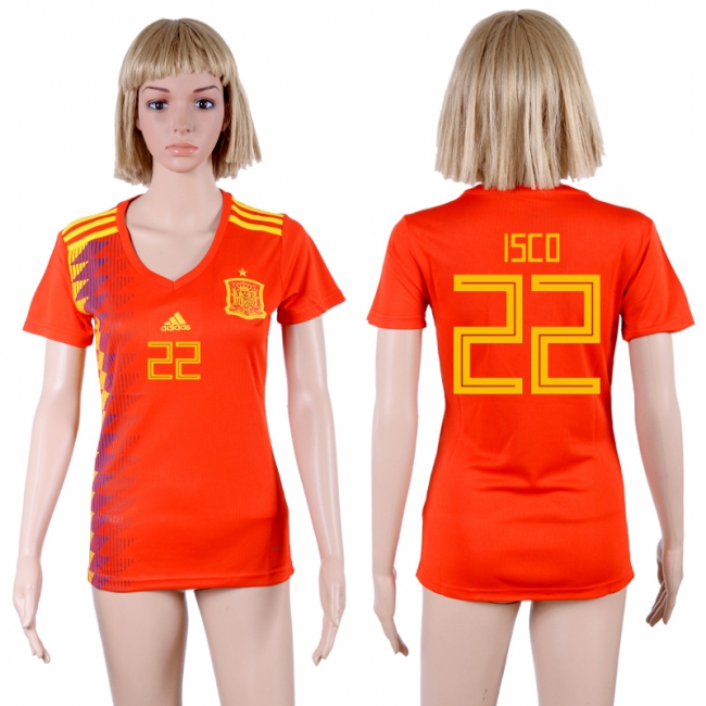 2018 World Cup Spain Soccer #22 Isco Home Womens Jersey