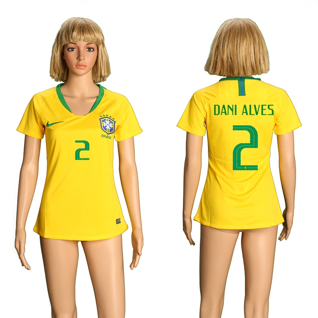 2018 World Cup Soccer Brazil #2 Dani Alves Womens Home Jersey