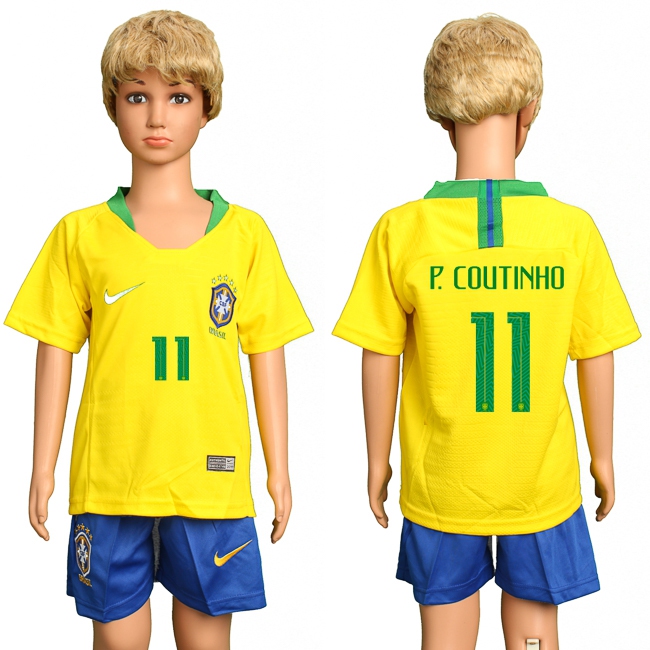 2018 World Cup Soccer Brazil #11 P.Coutinho Home Kids Jersey