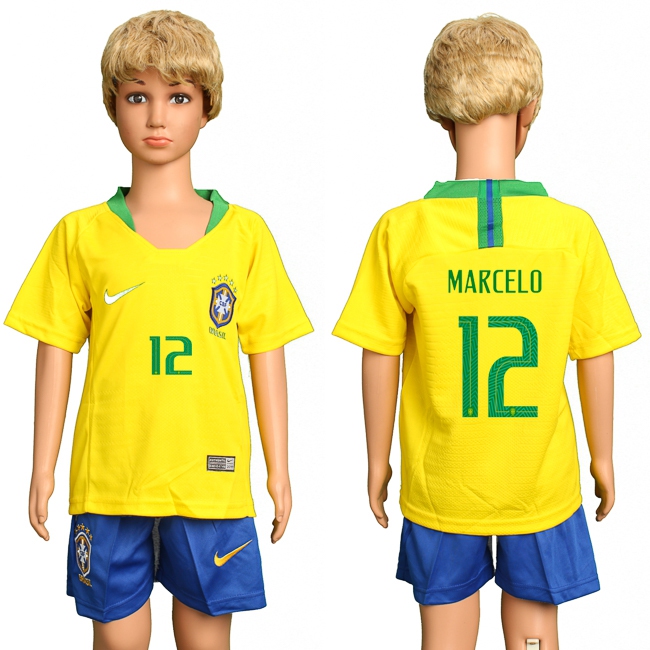 2018 World Cup Soccer Brazil #12 Marcelo Home Kids Jersey