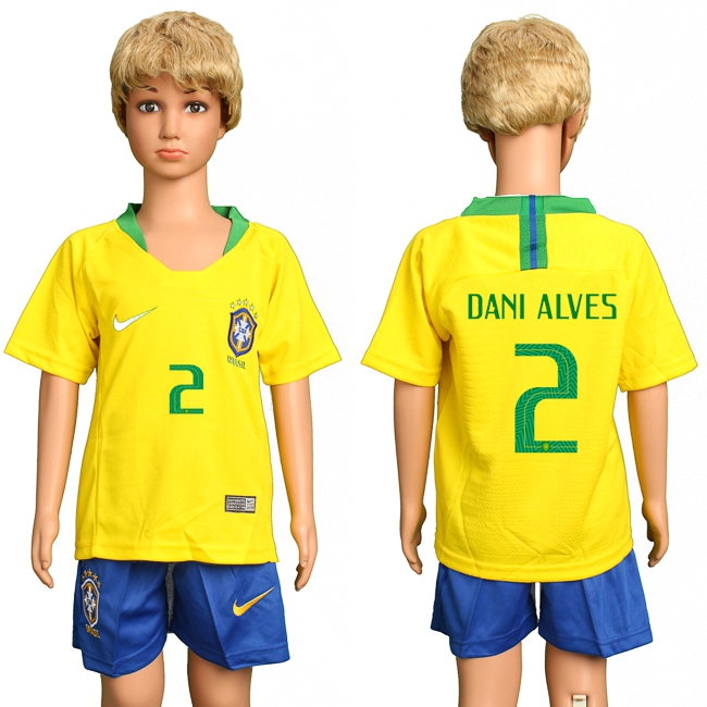 2018 World Cup Soccer Brazil #2 Dani Alves Home Kids Jersey