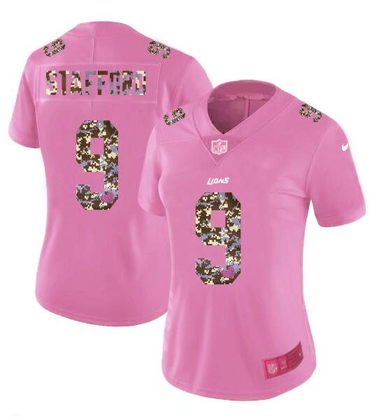 Womens Nike Detroit Lions 9 Stafford Pink Camouflage font love Vapor Jersey