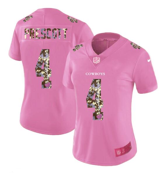 Womens Nike Dallas Cowboys 4 Prescott Pink Camouflage font love Vapor Jersey