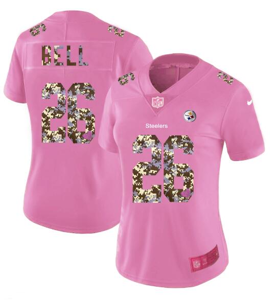 Womens Nike Pittsburgh Steelers 26 Bell Pink Camouflage font love Vapor Jersey