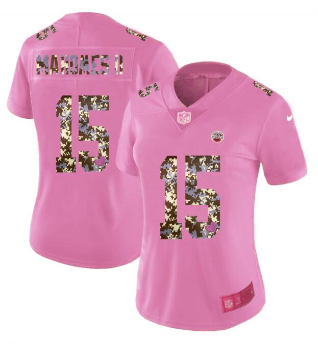 Womens Nike Kansas City Chiefs 15 Mahomes ll Pink Camouflage font love Vapor Jersey