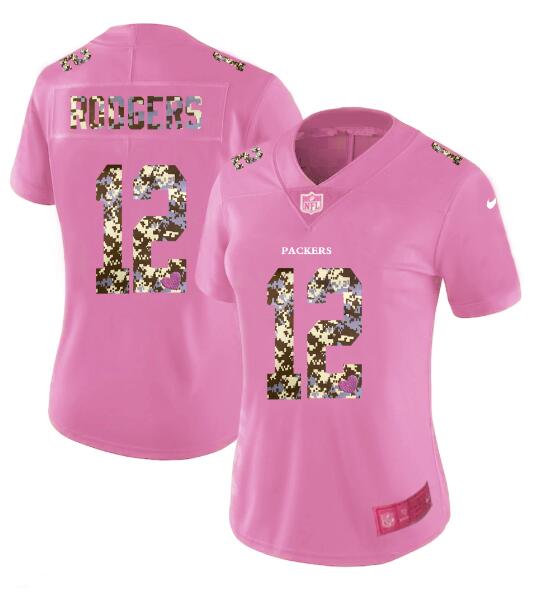 Womens Nike Green Bay Packers 12 Rodgers Pink Camouflage font love Vapor Jersey