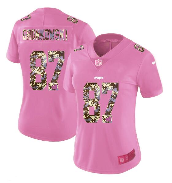 Womens Nike New England Patriots 87 Gronkowski Pink Camouflage font love Vapor Jersey