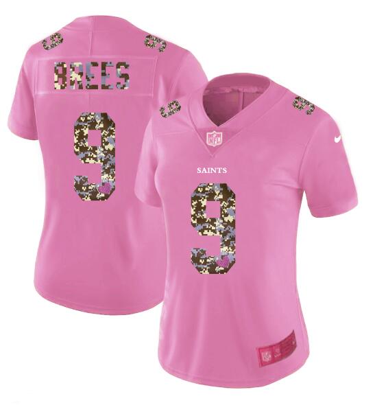 Womens Nike New Orleans Saints 9 Brees Pink Camouflage font love Vapor Jersey