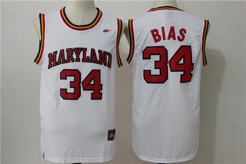 NCAA Maryland Basketball #34 Bias White Jersey