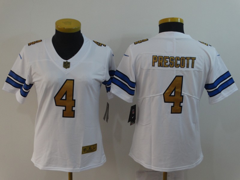 Womens NFL Dallas Cowboys #4 Prescott White Gold Number Jersey