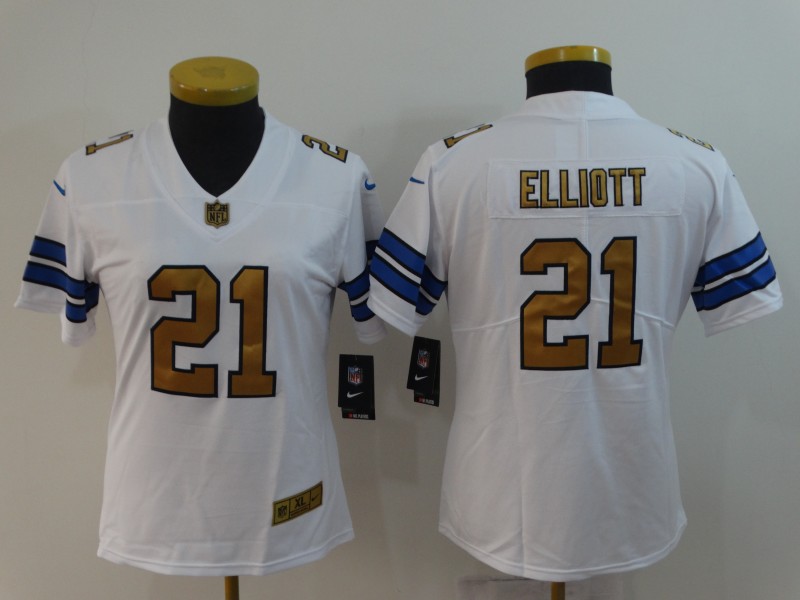 Womens NFL Dallas Cowboys #21 Elliott White Gold Number Jersey