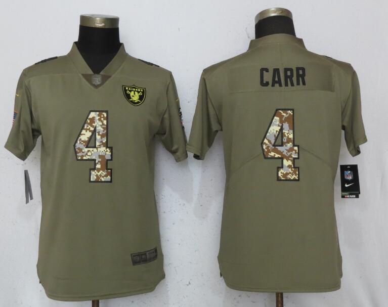 Womens Nike Oakland Raiders #4 Carr Olive Camo Carson Salute to Service Jersey