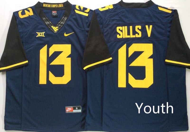Youth West Virginia Mountaineers #13 SILLS V Blue NCAA Jersey