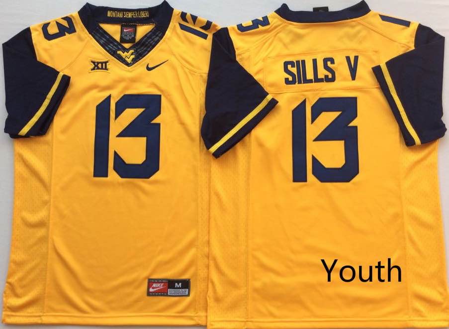 Youth West Virginia Mountaineers #13 SILLS V Yellow NCAA Jersey