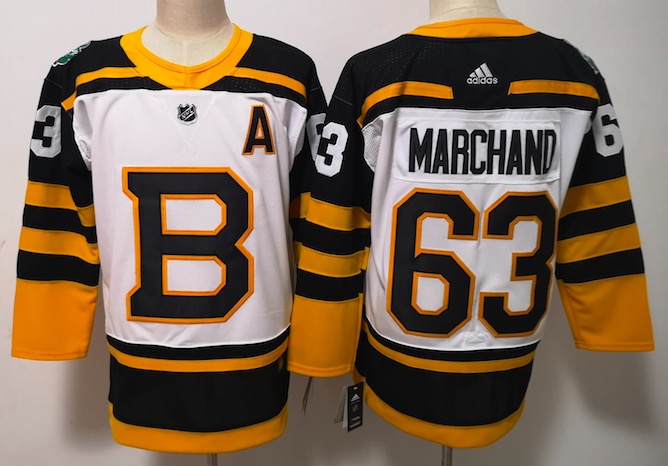 Adidas NHL Boston Bruins #63 Marchand White Yellow Jersey