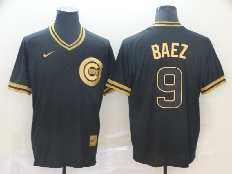 Nike MLB Chicago Cubs #9 Baez Black Gold Number Jersey