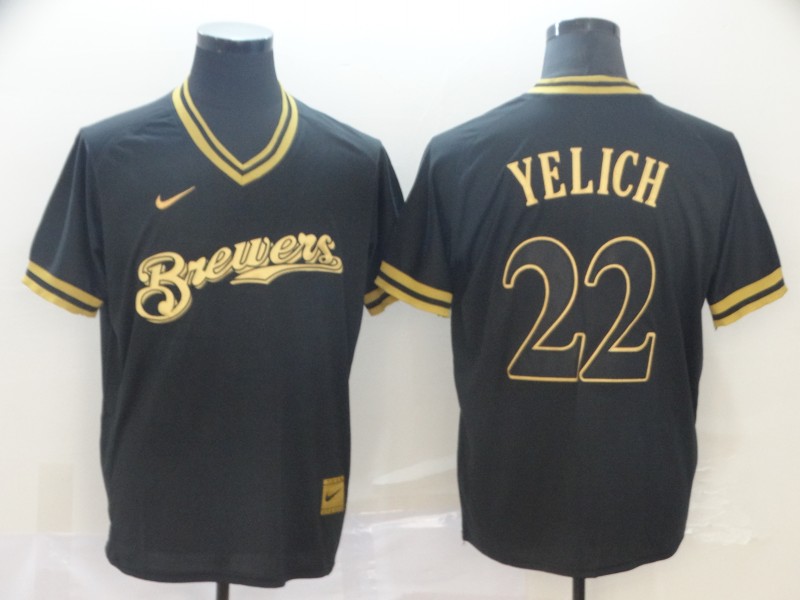 Nike MLB Milwaukee Brewers #22 Yelich Black Gold Number Jersey