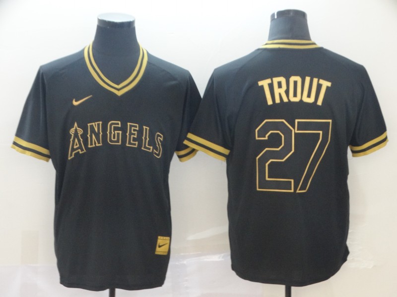 Nike MLB Los Angeles Angels #27 Trout Black Gold Number Jersey