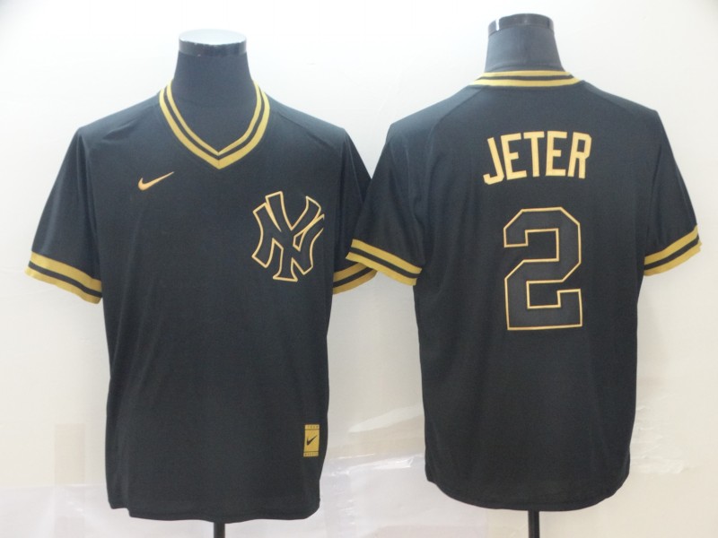 Nike MLB New York Yankees #2 Jeter Black Gold Number Jersey