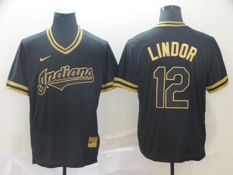 MLB Cleveland Indians #12 Lindor Black Gold Pullover Jersey
