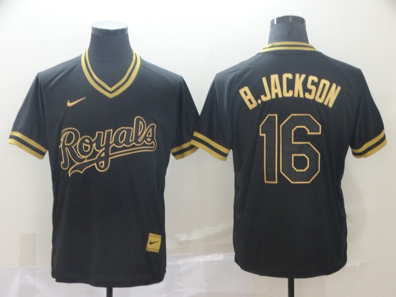 MLB Kansas City Royals #16 B.Jackson Black Gold Pullover Jersey