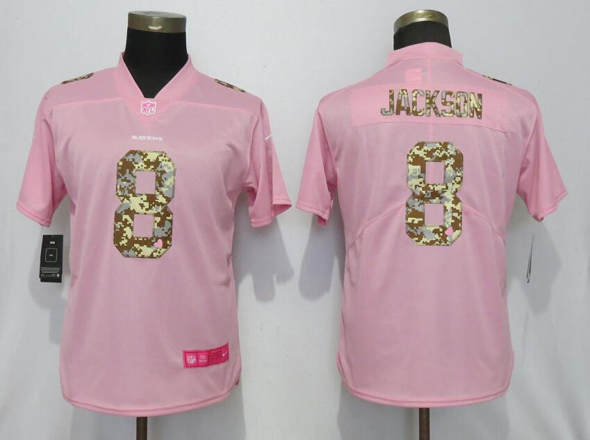 Women Baltimore Ravens 8 Jackson Camouflage Font Love Pink Vapor Jersey