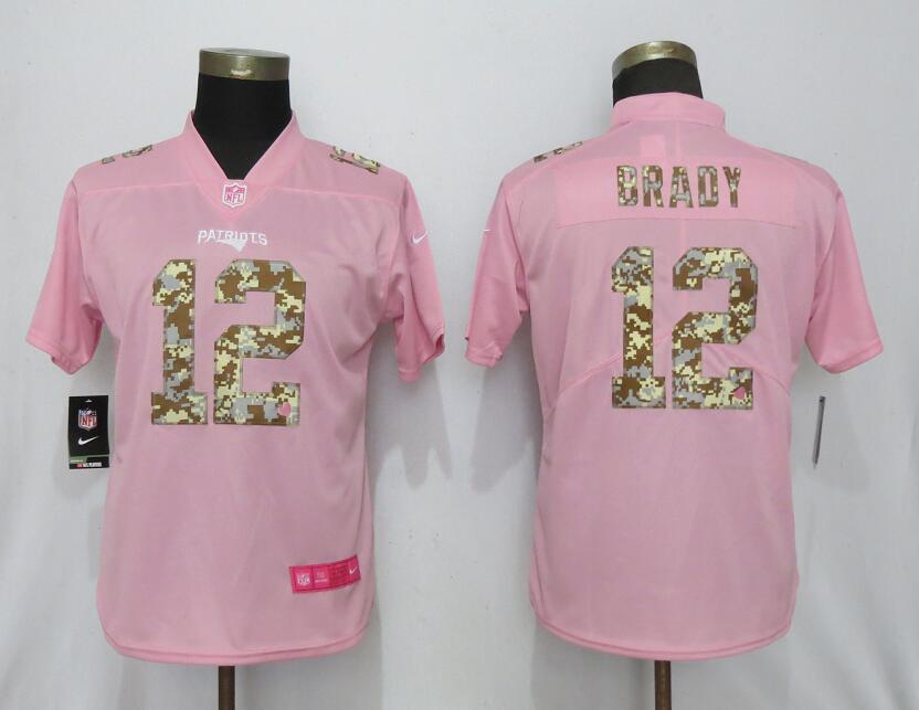 Women New England Patriots 12 Brady Camouflage Font Love Pink Vapor Jersey