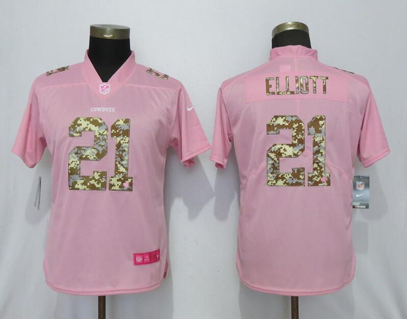 Women Dallas Cowboys 21 Elliott Camouflage Font Love Pink Vapor Jersey
