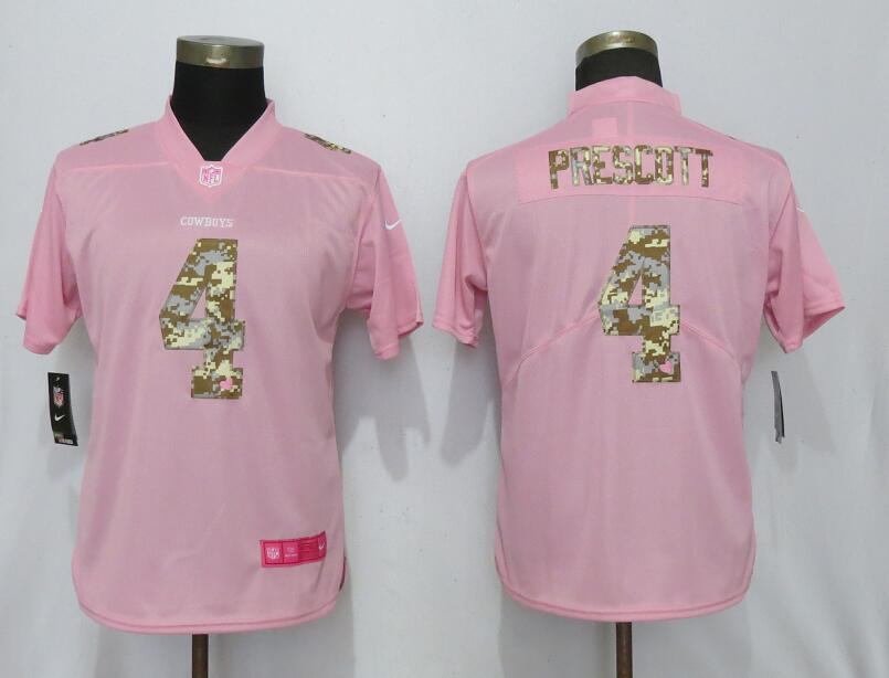 Women Dallas Cowboys 4 Prescott Camouflage Font Love Pink Vapor Jersey