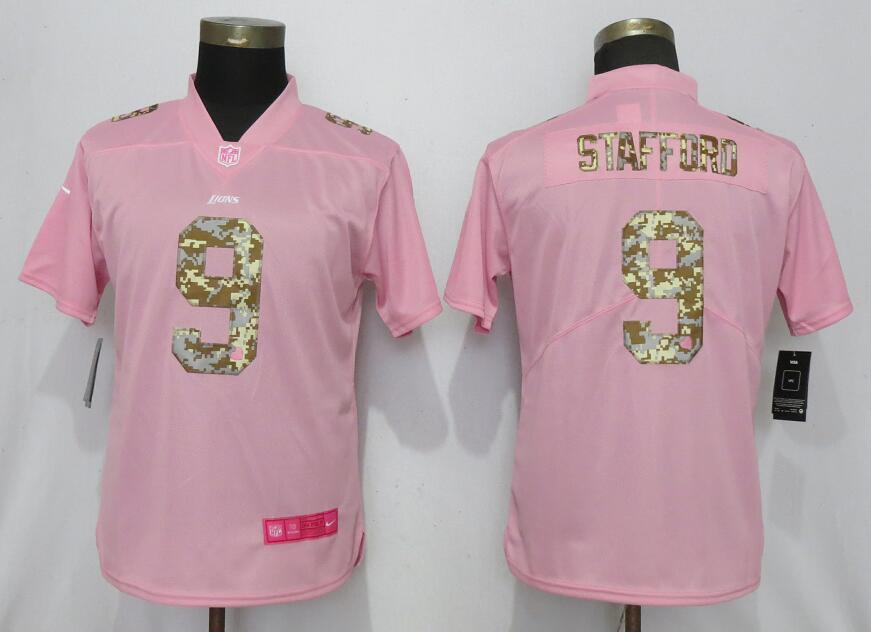 Women Detroit Lions 9 Stafford Camouflage Font Love Pink Vapor Jersey