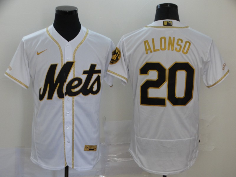 Nike MLB New York Mets #20 Alonso Gold White Elite Jersey
