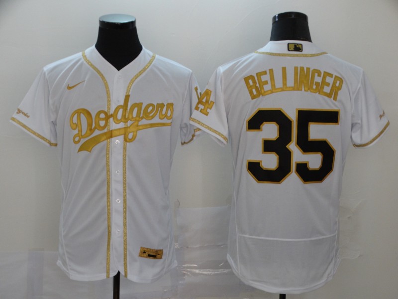 Nike MLB Los Angeles Dodgers #35 Bellinger Gold White Elite Jersey