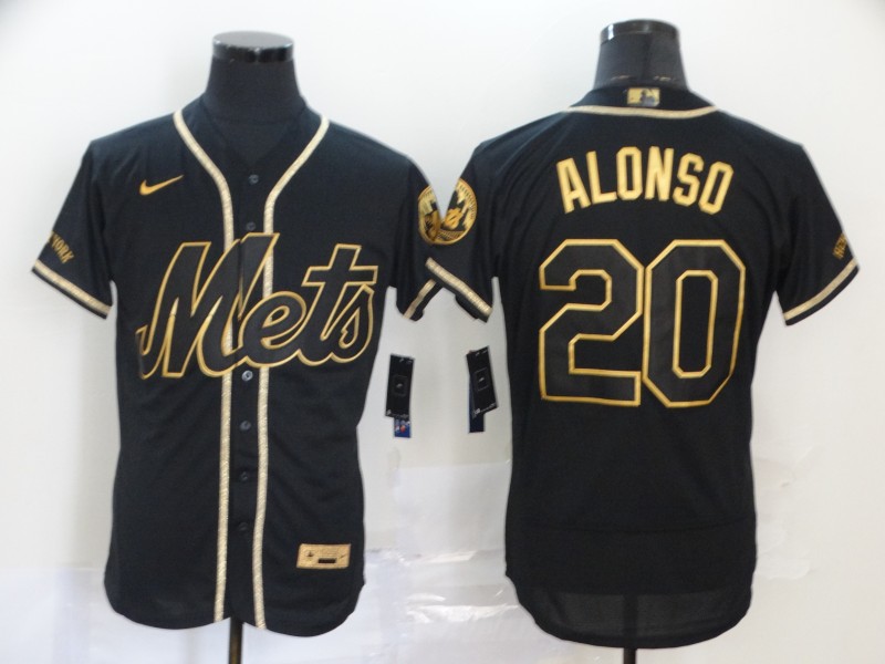 Nike MLB New York Mets #20 Alonso Black Gold Elite Jersey